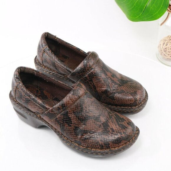 Born Womens Peggy Clog Size 8 Brown Black Leather Snakeskin Wedge Heel Shoe - Picture 2 of 12